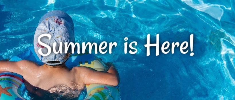blue pool and child in floatie summer breezes
